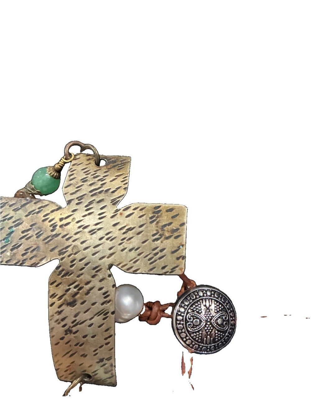 Artisan Hammered Brass Cross & Freshwater Pearl Leather Wrap Bracelet